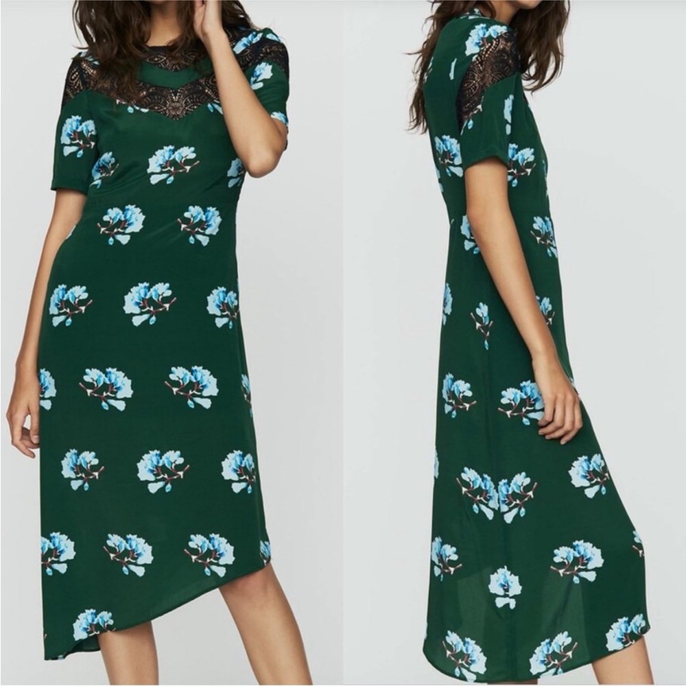 Maje rowers short sleeve floral asymmetric midi dress